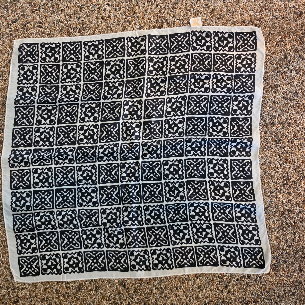 Vintage Glentex Scarf Black White Geometric Tile Print Silk Rayon Square Japan